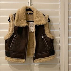 Zara Brown Faux Shearling Aviator Vest with Cream Trim